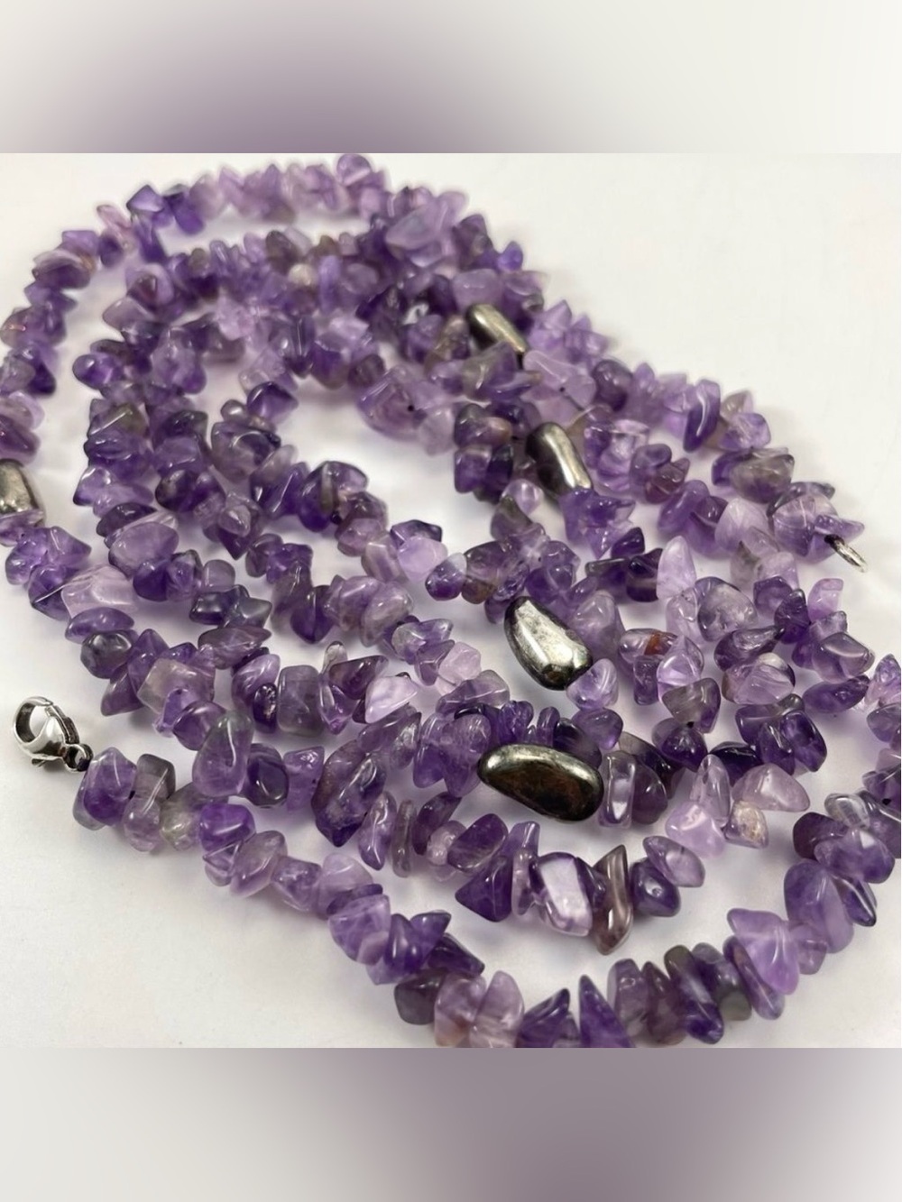 925 Sterling Silver Unsigned Long Amethyst Hematite Single Strand Necklace